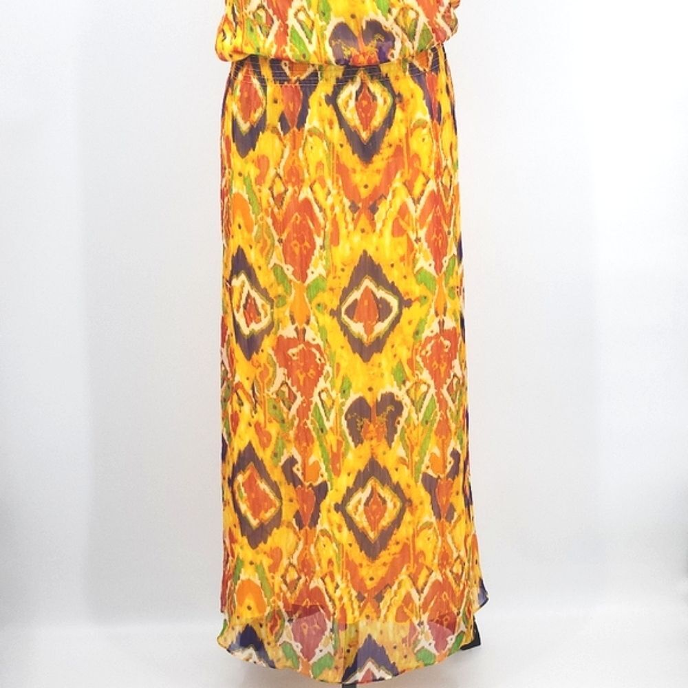 Lauren Ralph Lauren Tribal Ikat Print Yellow Tie-Back Smocked Maxi Dress Women 8 - Picture 10 of 11